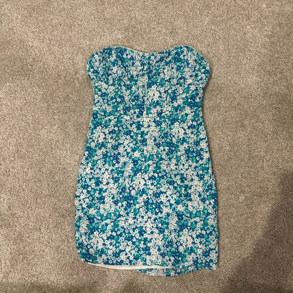 Blue and White Floral Strapless Dress